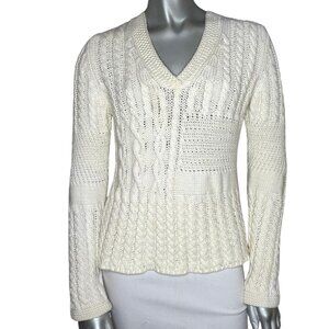 Vintage Y2K Petite Sophisticate Ivory Cable Knit Cotton Blend V-Neck Sweater S